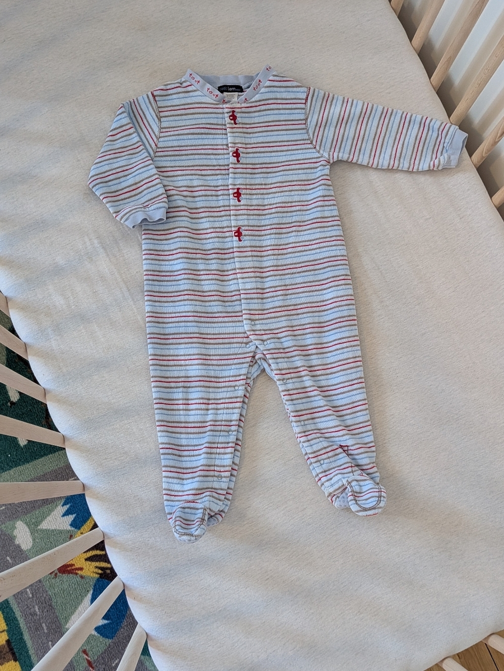 Petit Lem VINTAGE - 18M - Footed Baby One-Piece - White RED BLUE Stripes